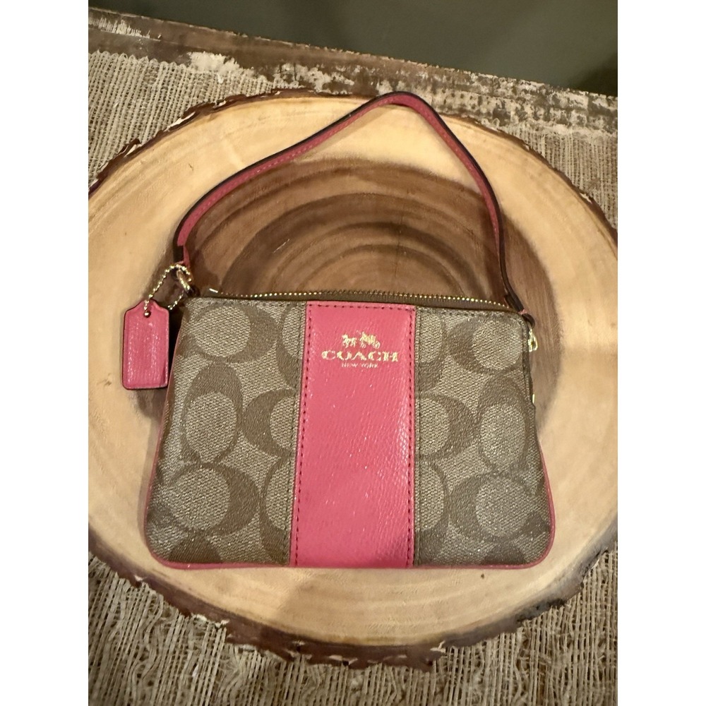 COACH Signature CC Logo with Barbie Pink Stripe Leather Wristlet Wallet